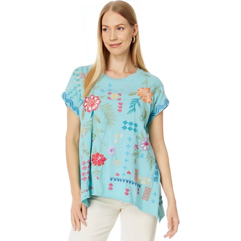 Johnny Was Katie Relaxed Drape Tee Shirt Marine Blue Top Floral Embroidery XL NW